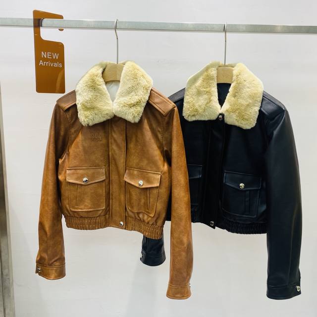 New Miu series leather jacket with fur trim, down lining, top, S/ml DDD