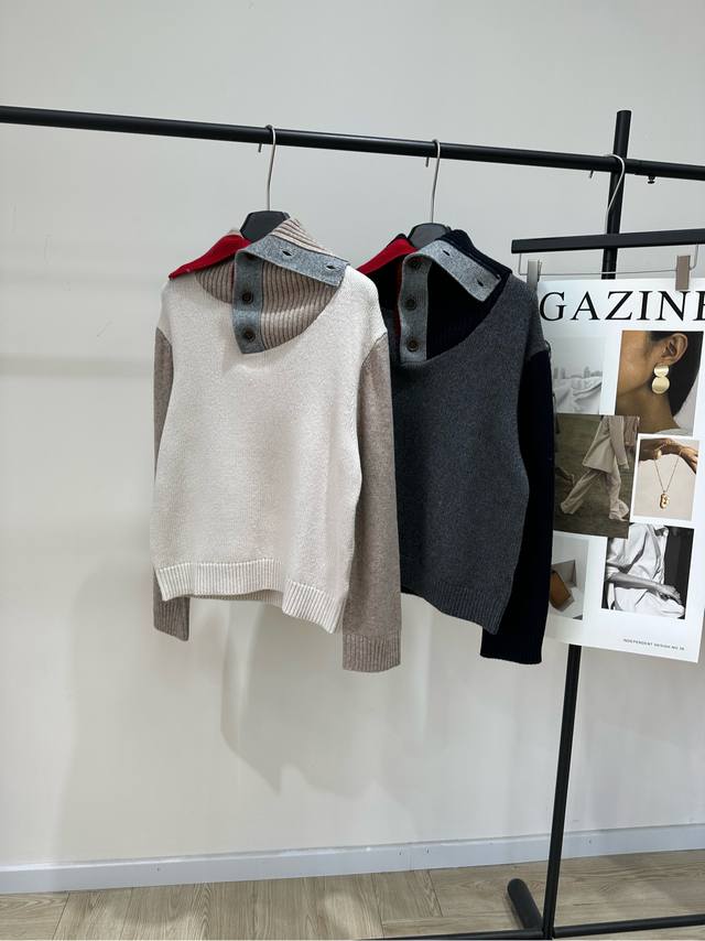 Niche Color-Blocked Irregular Button-Up Collar Sweater DDD, Fabric: Wool Blend