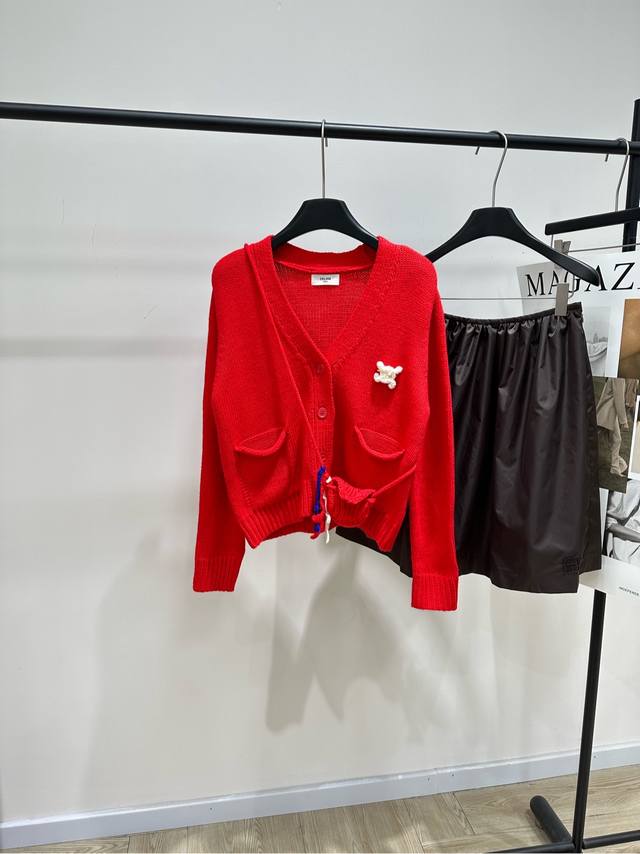 Ce Red Pin-Decorated V-Neck Cardigan DDD, Fabric: Wool Blend Color: Red This Cel