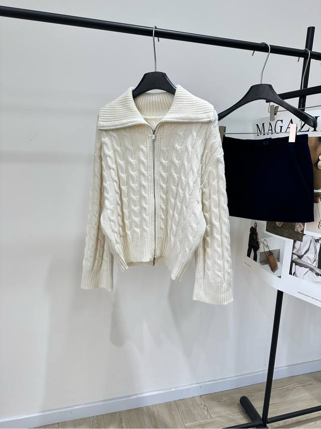 Cos Off-White Zipper Cable Knit Cardigan with Large Lapel DDD, Fabric: Wool Blen