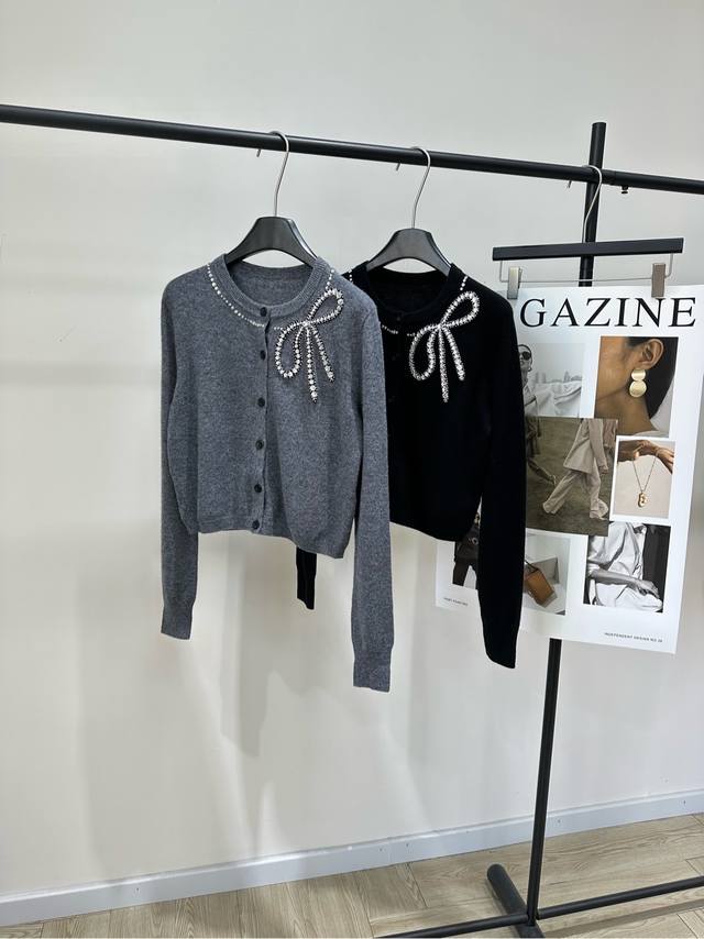 Jr Rhinestone Bow Crew Neck Knit Cardigan DDD, Fabric: Wool Blend DDD, Colors: G