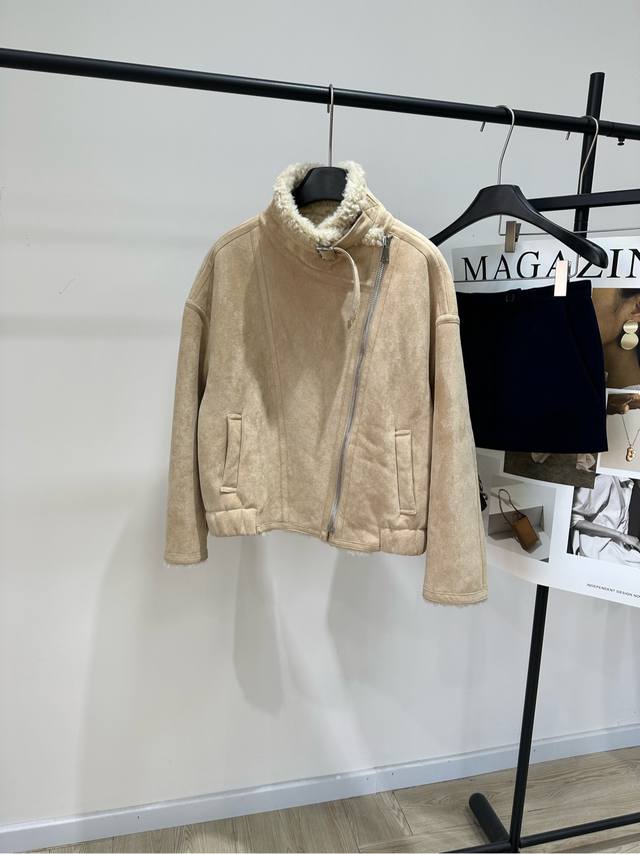 Iro Khaki Fur-lined Motorcycle Jacket DDD, Fabric: Suede Lambswool Color: Khaki