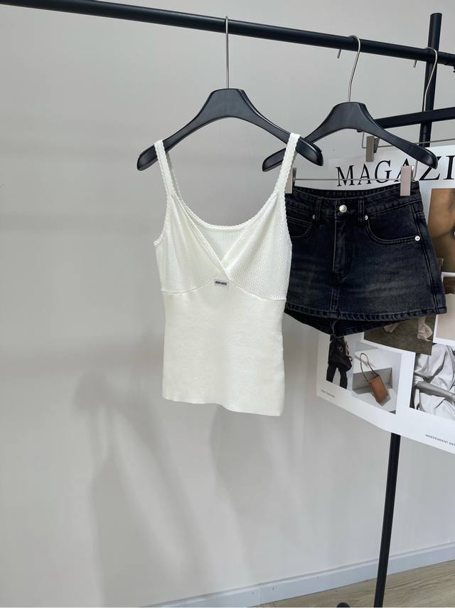 M White Logo Deep V Knitted Camisole DDD, Fabric: Tencel Cotton Color: White *