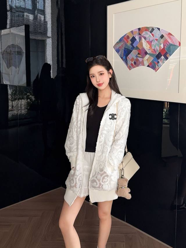 25 Water-soluble lace casual loose zip-up hooded long-sleeved jacket, high-quali