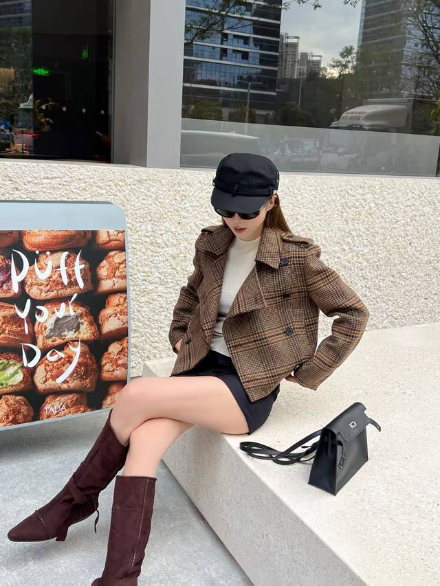 Original YSL 2025 Autumn/Winter New Fashionable Wool Plaid Lapel Short Coat, cl