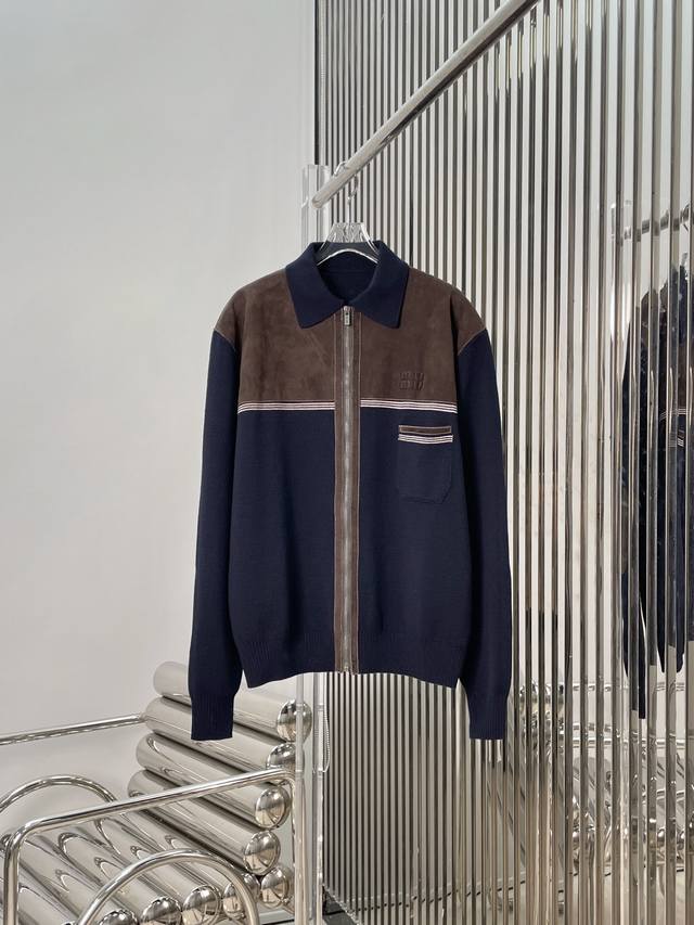 Real photos! Latest Miu 25New sheepskin and suede patchwork knit cardigan. Sizes