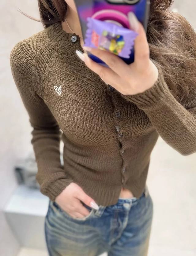 New Arrival! Latest Acne 25 New Heart Embroidered Knit Cardigan. Color: Grey/Bro