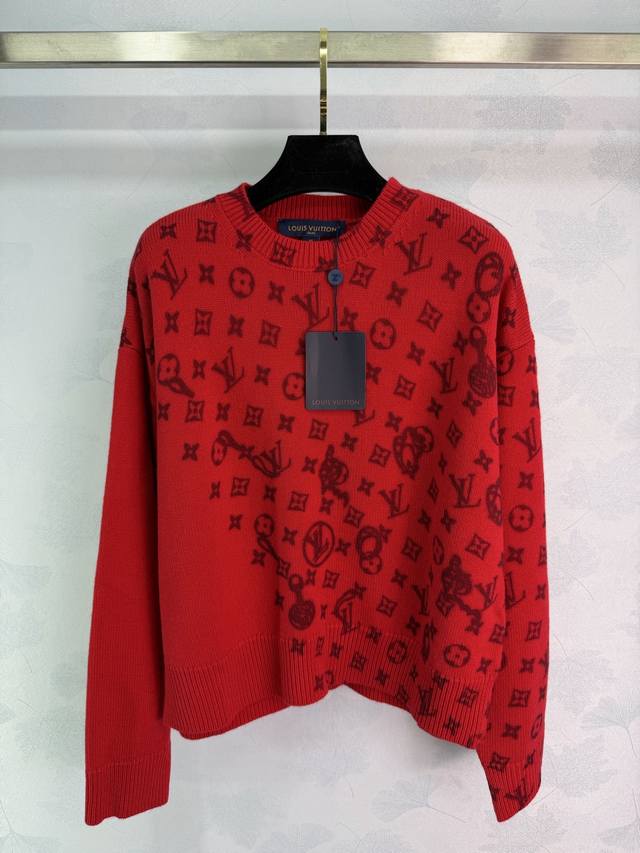 Lou*25 Autumn/Winter New Red Knit Sweater, Classic Monogram Pattern with Black O