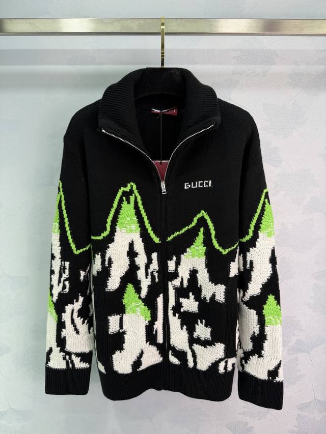 Gu*25 Autumn/Winter New Knit Jacket, primarily black with green mountain peaks a