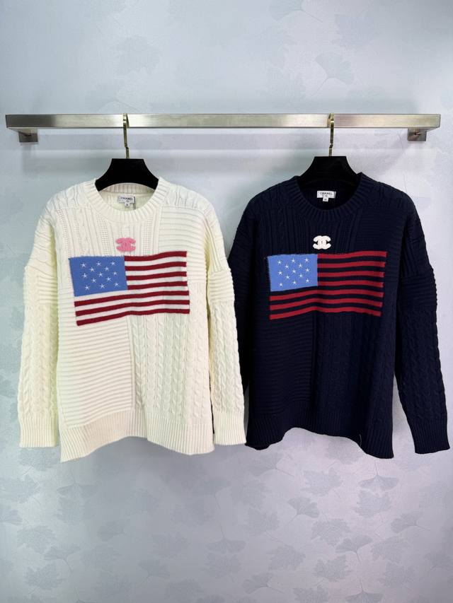 Ch*25 Autumn/Winter New Sweater features an American flag jacquard design with d