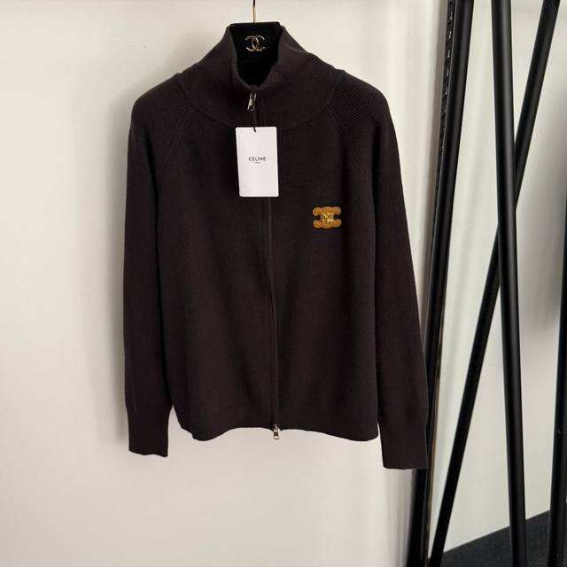 Style No. 20257665 Celin* New Metal Logo Leather Label Stand Collar Long Sleeve