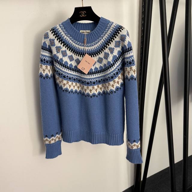 Style No. 20257661 Miumi* New Color-Blocked Retro Pattern Jacquard Pullover Lon