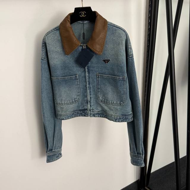 Style No. 20257656 prad* New PU leather collar short long-sleeved denim jacket,