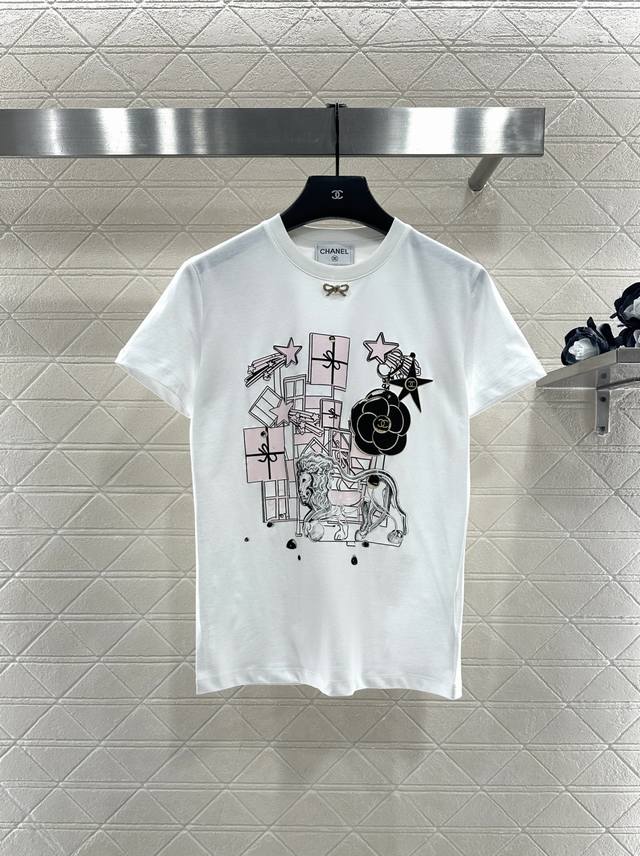 Chane*2025 New Arrival Round Neck Flocked Bow Custom Yb Mercerized Cotton, Breat