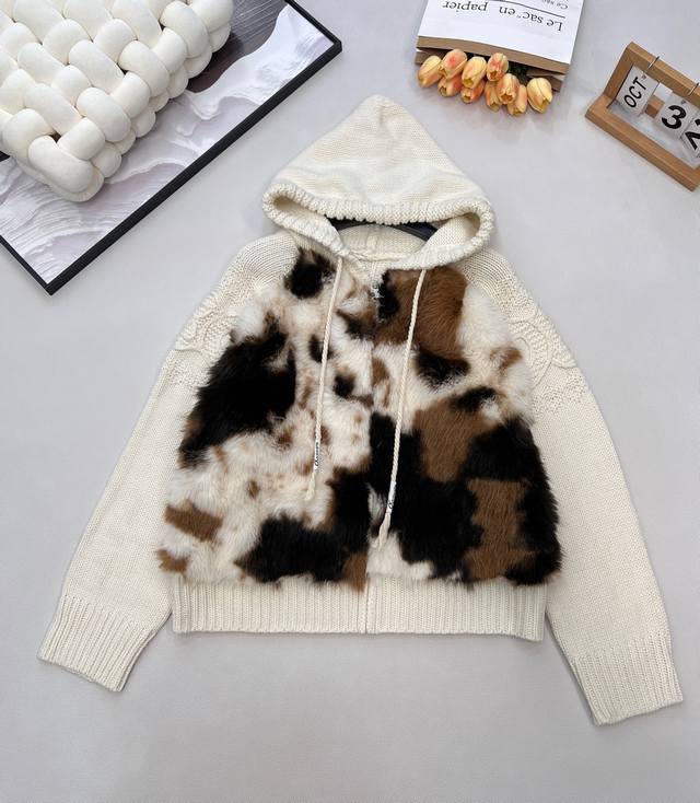 Celine's new hooded long-sleeved knit sweater, featuring fur trim and knitwear,