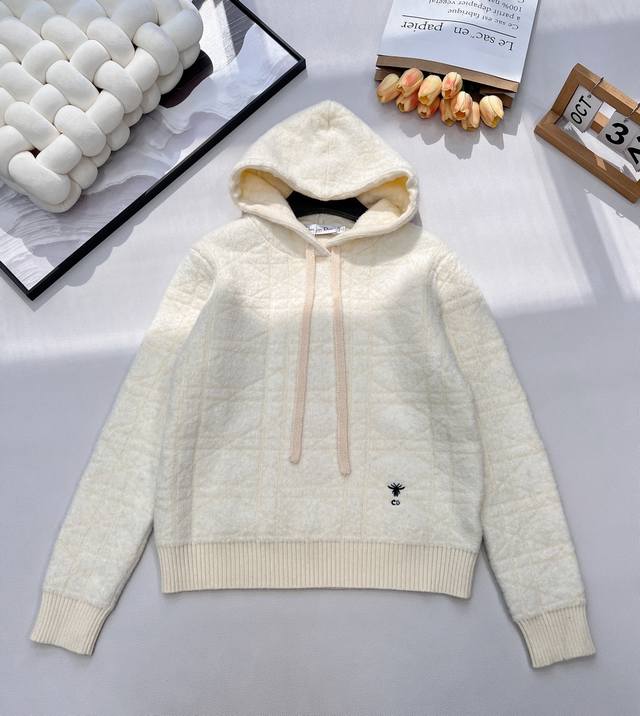 Dior 2025 New Bee Embroidered Hooded Knit Long-Sleeve Top. The soft, plush textu