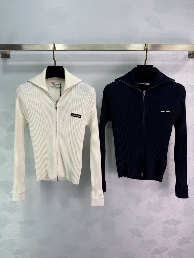 Miu*25 Autumn/Winter New Double Zipper Knit Cardigan, featuring vertical ribbed