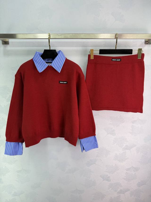 Miu*25 Autumn/Winter New Preppy Style Knit Set consists of a faux two-piece knit
