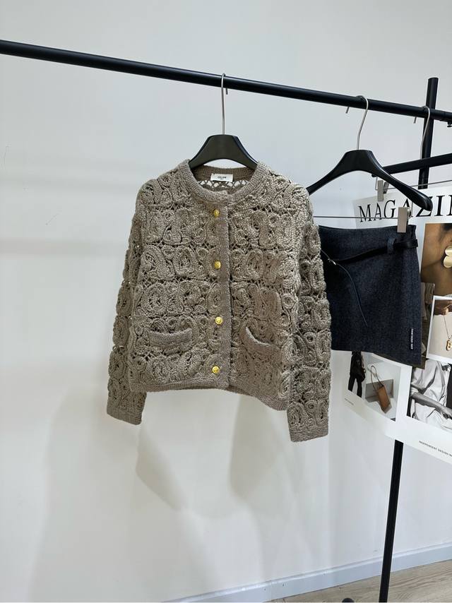 Ce Light Brown Hollow-out Crochet Cardigan with Gold Buttons ., Fabric: Wool and