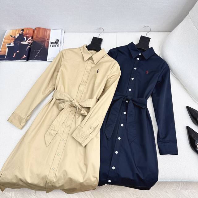 A vintage-inspired, stylish long shirt dress with a pony logo embroidery, perfe