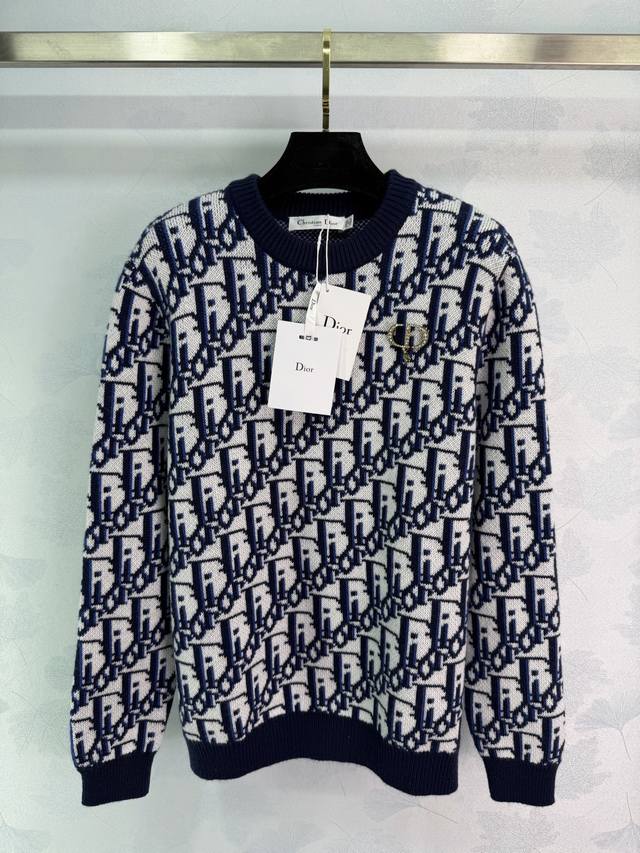 Dio*25 Autumn/Winter New Monogram Knit Sweater, Classic Blue with White Jacquard