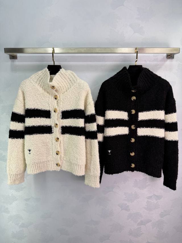 Dio*25 Autumn/Winter New Color-Blocked Striped Knit Cardigan, Black and White Co