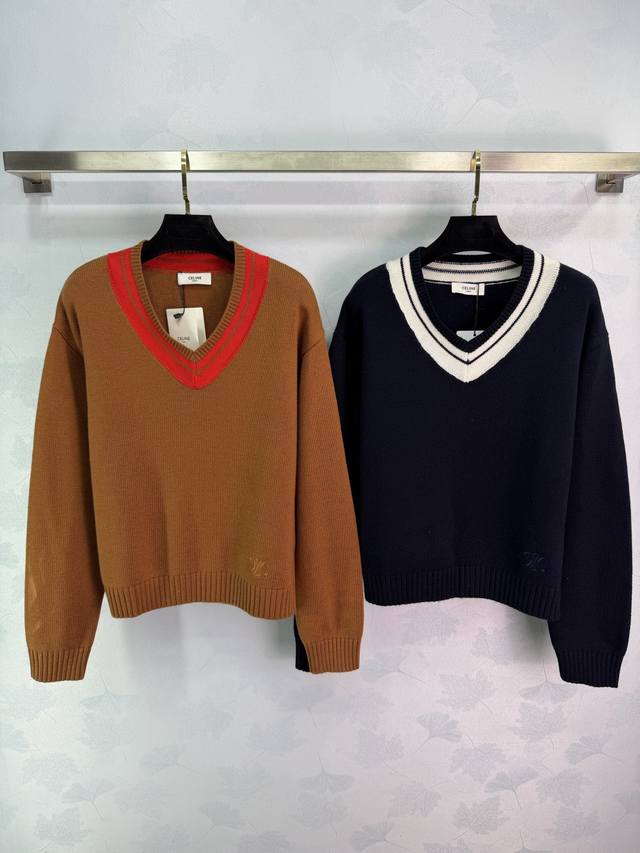Ce*25 Autumn/Winter New V-neck Knit Sweater, Dark Main Color with Contrasting V-