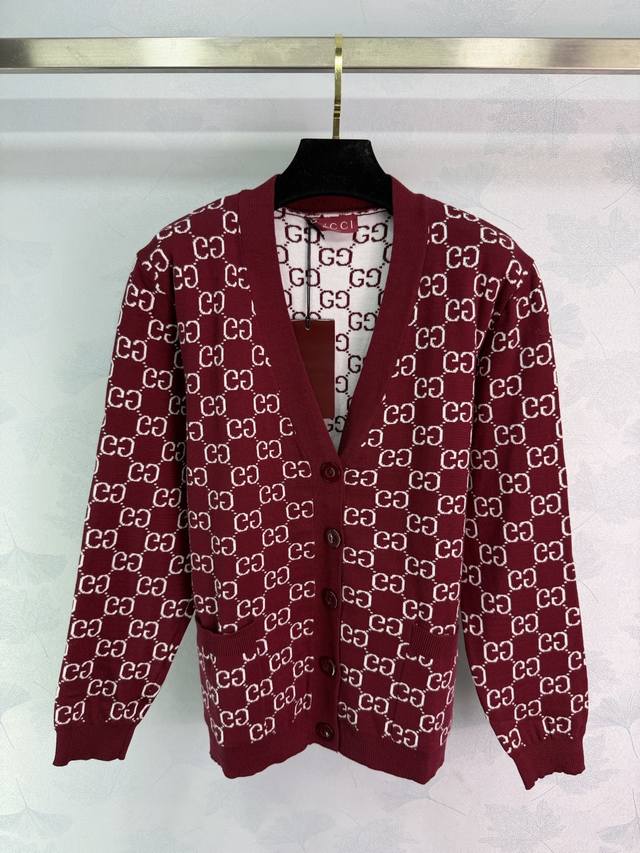 Gu*25 Autumn/Winter New Gg Jacquard Knit Cardigan, burgundy main color + classic