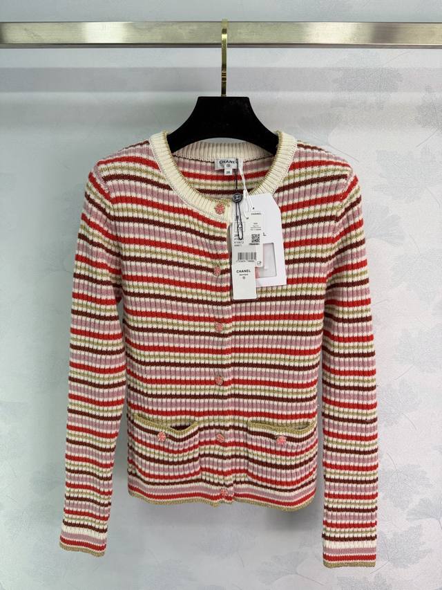 Ch*25 Autumn/Winter New Striped Knit Cardigan, featuring multi-colored horizonta