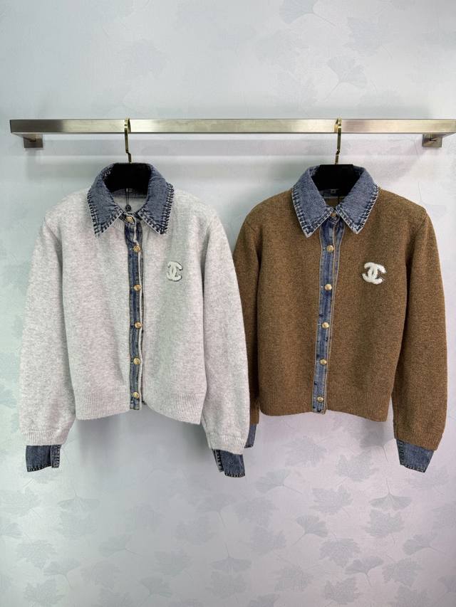 Ch*25 Autumn/Winter New Denim Shirt with Collar Patchwork Design, Faux Two-Piece