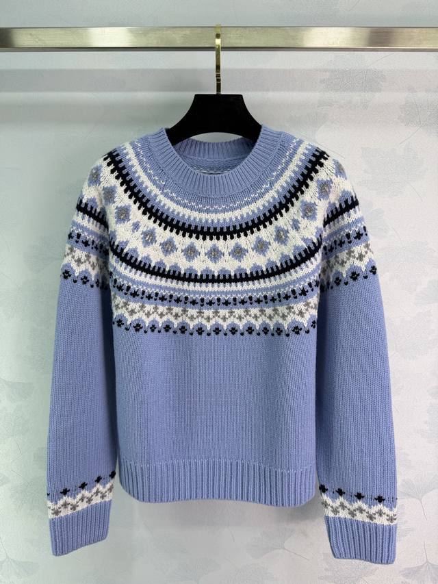 Miu*25 Autumn/Winter New Fair Isle Crew Neck Wool Sweater. Made with high-qualit