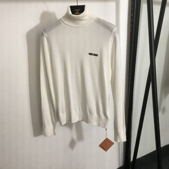 Style No. 6744 Miumi* New Simple Letter High Neck Long Sleeve Wool Knit Top, Wh