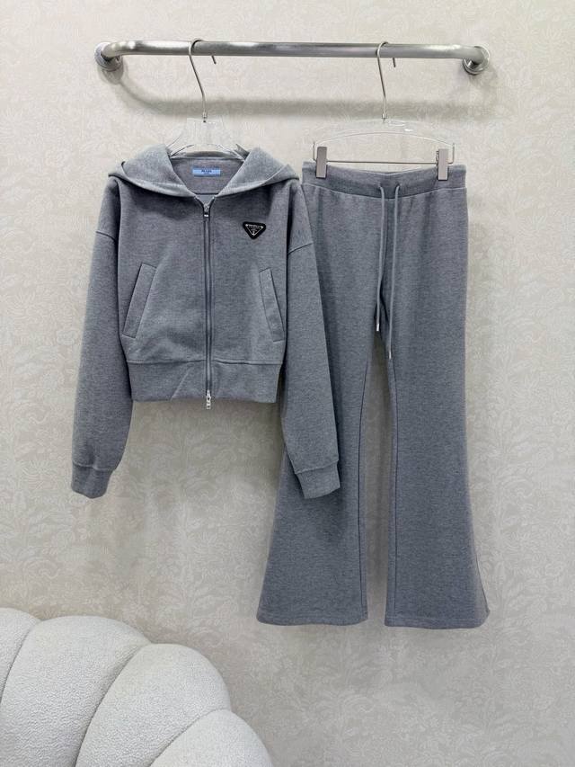 prad*25 New Casual Sports Suit Custom Fabric Hooded Jacket Casual Flared Pants C