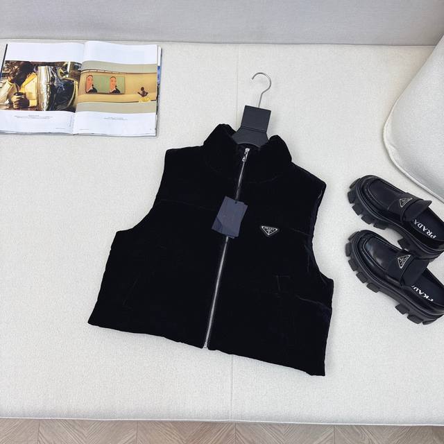 Original quality PD 25Ss Autumn/Winter New Velvet Stand Collar Short Down Vest C