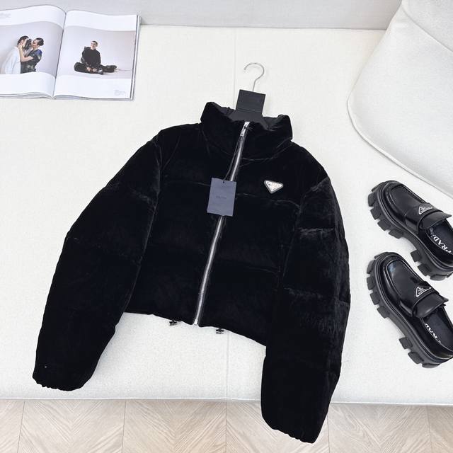 Original quality PD 25Ss Autumn/Winter New Velvet Stand Collar Short Down Jacket