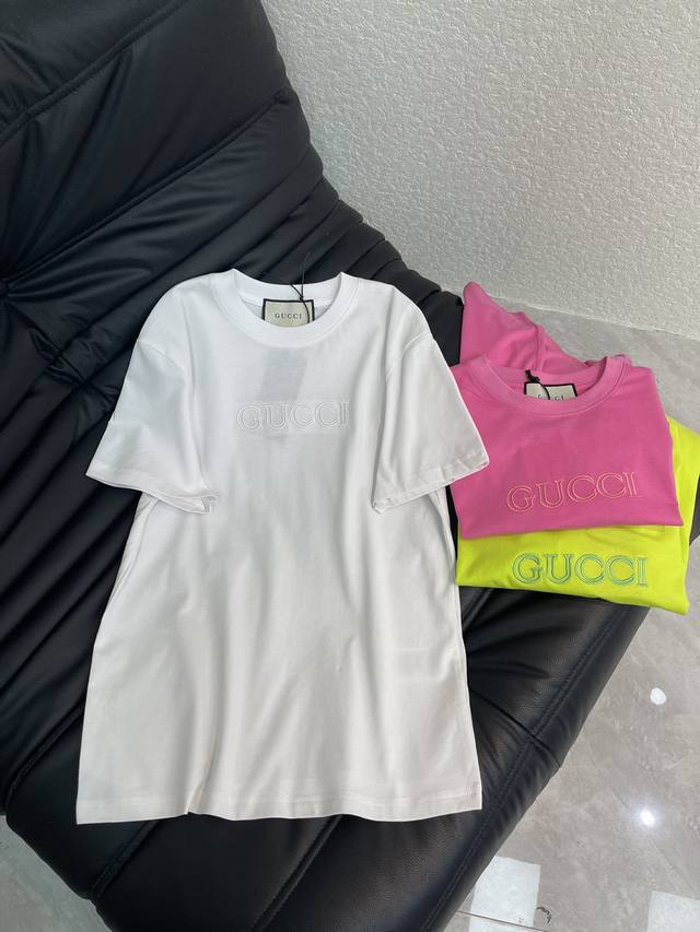 Gucc*26 Early Spring New Style 3D Embroidered Letter Short-Sleeve T-Shirt, Pure