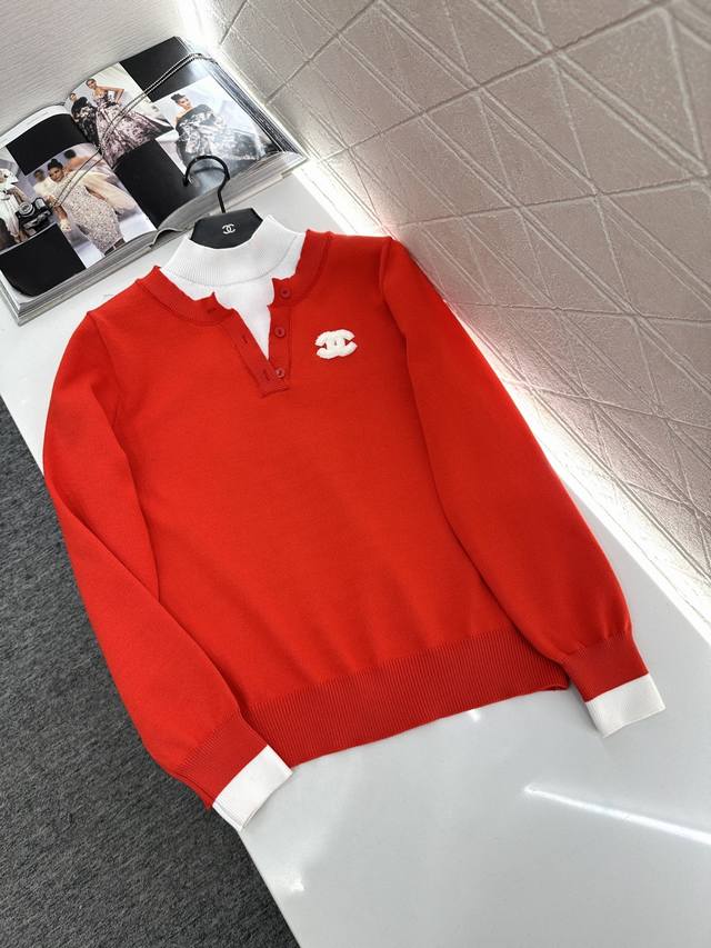 Chane*2025 New Arrival Stand Collar Color Block Faux Two-Piece Knit Sweater Made