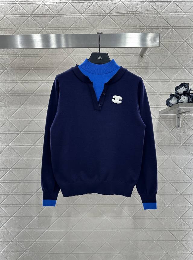 Chane*2025 New Arrival Stand Collar Color Block Faux Two-Piece Knit Sweater Made