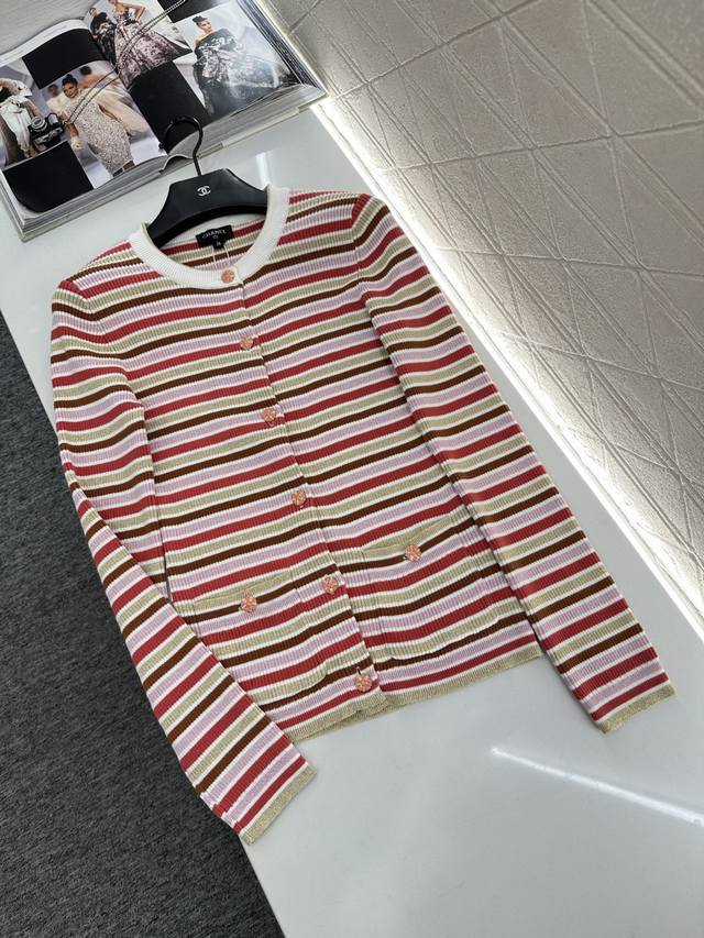 Chane*2025 New Arrival Striped Knit Cardigan Made with custom Yb cotton yarn, it