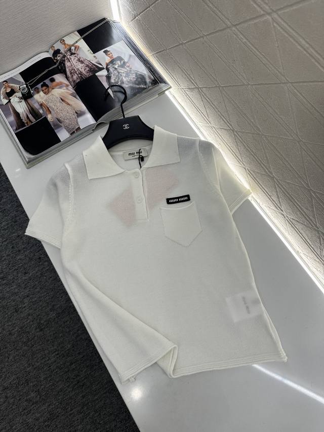 Miumi*2025 New Arrival Half-Open Collar Knit Short-Sleeve T-Shirt Made with cust