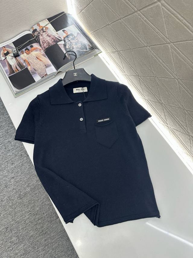 Miumi*2025 New Arrival Half-Open Collar Knit Short-Sleeve T-Shirt Made with cust