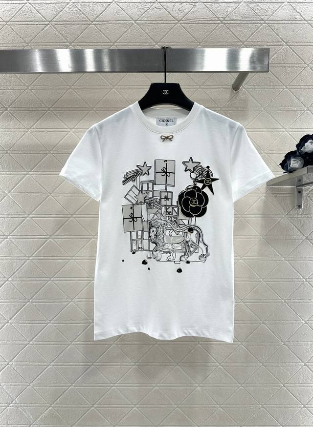 Chane*2025 New Arrival Round Neck Flocked Bow Custom Yb Mercerized Cotton, Breat