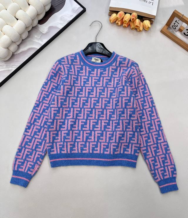 Fendi 25 New Double F Jacquard Crew Neck Knit Sweater. Made with custom yarn, th