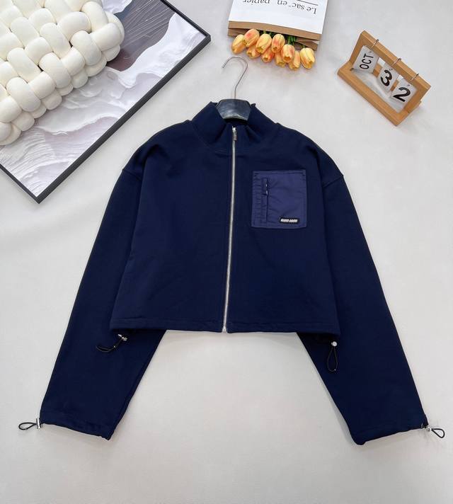 Miumiu 2025 New Zipper Drawstring Jacket and Skirt Set. Made of custom Yb twill