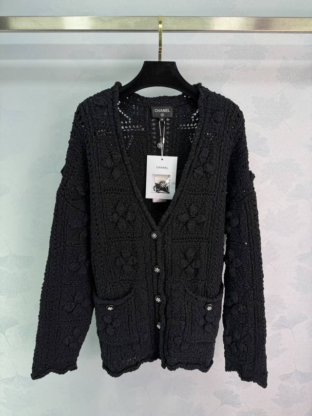 Ch*25 Autumn/Winter Black Crochet Knit Cardigan, an early spring collection piec