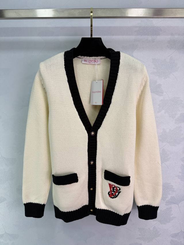 Va*25 Autumn/Winter New V-neck Knit Cardigan, off-white main color with black tr