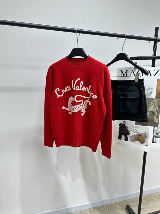 Vt Red Leopard Embroidered Crew Neck Sweater DDD. Fabric: 100% Wool Color: Red V