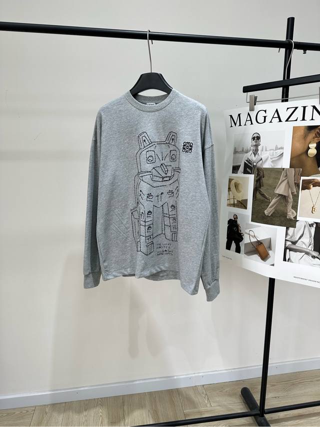 Loe Light Grey Cat Striped Crew Neck Long Sleeve T-Shirt. Fabric: 100% Cotton. C