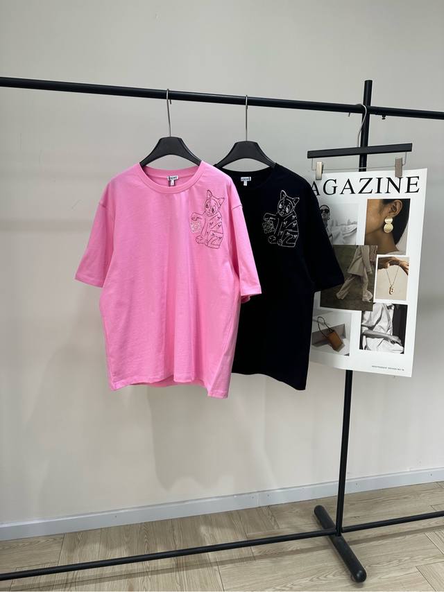 Loe Side-Shoulder Cat Embroidery Short-Sleeve T-Shirt DDD. Fabric: 100% Cotton C