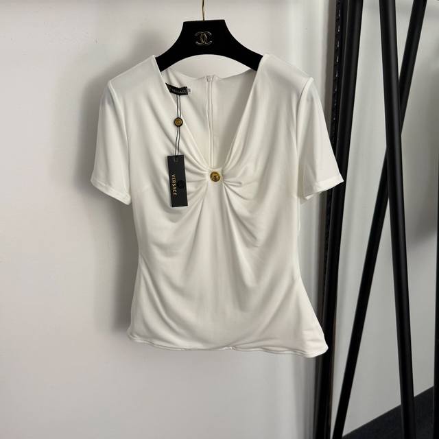 Style No. 20257878 Versac* New Medusa Gold Button Decorated V-Neck Ruffled Pock